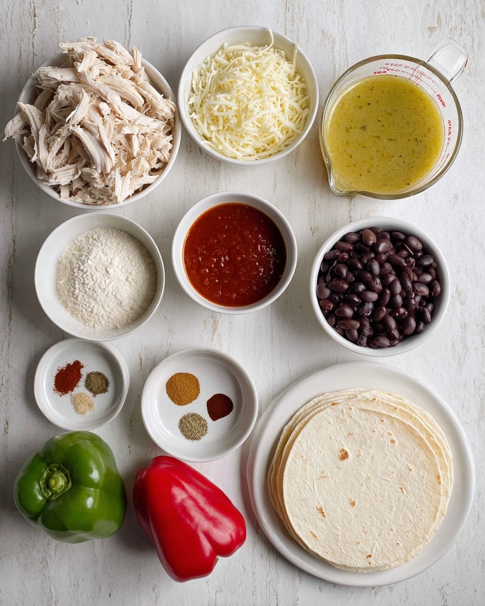The image shows a group of cooking ingredients placed on a white marbled surface. At the top left, there is a white bowl filled with shredded light beige chicken. Next to it on the right is a small white bowl with shredded white cheese and a large clear measuring cup with a yellow-green sauce inside. Below the chicken, there is a small white bowl with white flour, a smaller white bowl with red sauce, and another small white bowl with mixed spices that include light brown, dark brown, and red powders. Further down, a small white bowl holds dark black beans, and next to it, a tiny white bowl contains golden olive oil. At the bottom left, there is one red bell pepper and one green bell pepper. On the bottom right, a white plate holds a neat stack of light beige tortillas. photo taken with an iphone --ar 4:5 --v 7