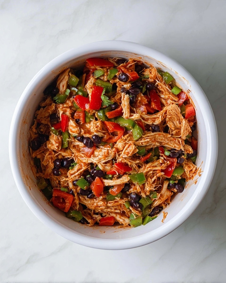 A white bowl filled with shredded chicken mixed with black beans and chopped green and red bell peppers. The chicken is lightly coated with a reddish sauce, and the colorful vegetables are evenly mixed throughout, creating a vibrant contrast of reds, greens, and dark beans all on a white marbled surface. photo taken with an iphone --ar 4:5 --v 7
