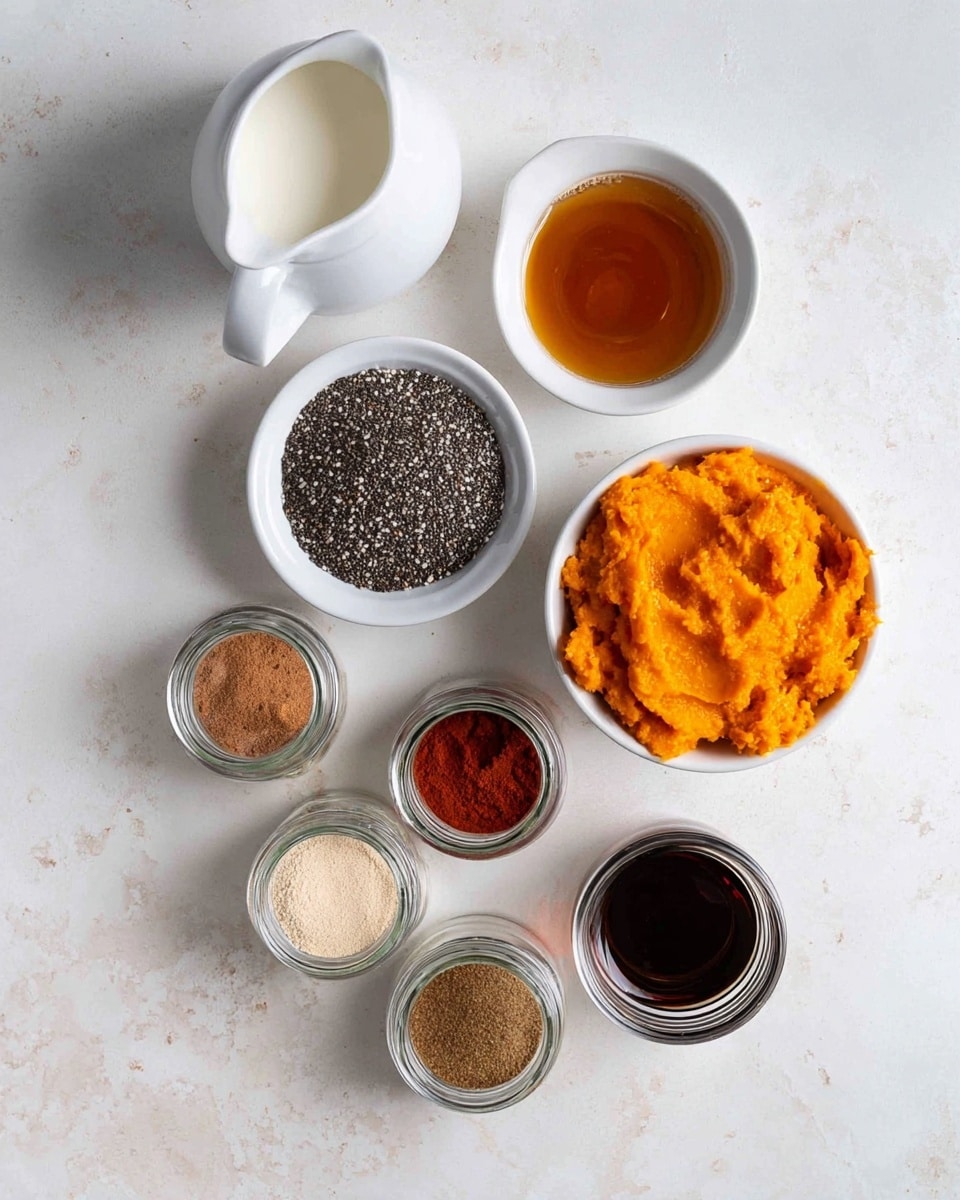 Top view of various ingredients placed on a white marbled surface, including a white jug filled with milk on the top left, a small white bowl filled with dark amber honey on the top right, and a white bowl filled with small black and white chia seeds below the honey. Below the chia seeds is a white bowl with bright orange mashed sweet potato. Surrounding these bowls are six small glass jars with different spice powders in shades of brown, red, and beige. On the bottom right is a small clear glass with dark brown liquid, likely coffee or syrup. The items are arranged in a scattered yet balanced way. photo taken with an iphone --ar 4:5 --v 7