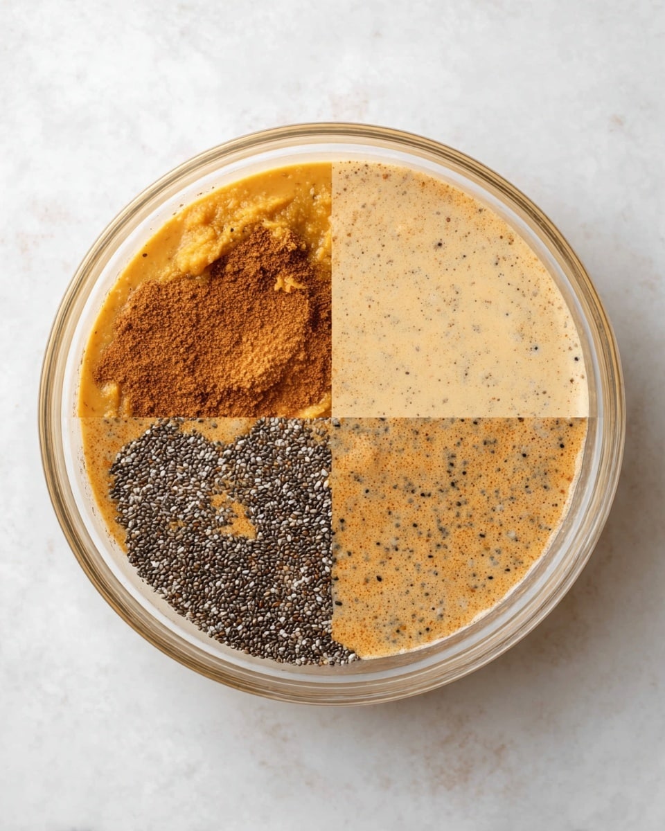 A clear glass bowl placed on a white marbled surface holds a mixture in four stages. The first stage shows different ingredients layered unevenly: creamy light beige liquid, bright orange pumpkin puree, and scattered dark brown powder on top. The second stage reveals the ingredients mixed into a smooth, consistent light brown liquid speckled with darker brown bits. In the third stage, half the surface is covered with small dark chia seeds resting on the smooth light brown liquid. The final stage shows the chia seeds fully mixed in, creating a textured mixture of light brown with tiny black specks throughout. photo taken with an iphone --ar 4:5 --v 7