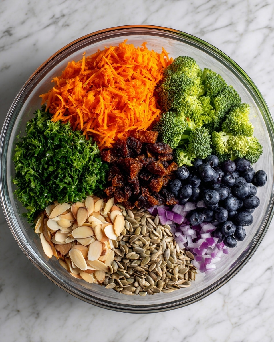 A clear glass bowl sits on a white marbled surface, filled with neatly arranged layers of fresh ingredients. Starting from the top left, there is a pile of chopped green herbs followed clockwise by bright orange shredded carrots, finely chopped light green broccoli, dark reddish-brown chopped dried fruit, pale beige sliced almonds, chopped purple onions, and dark blue whole blueberries. In the center of the bowl, there are tan sunflower seeds with a creamy beige dressing being poured over them from a small white cup held by a woman's hand above the bowl. The colors are vibrant, and the textures vary from crunchy to soft, all visible through the clear bowl. photo taken with an iphone --ar 4:5 --v 7