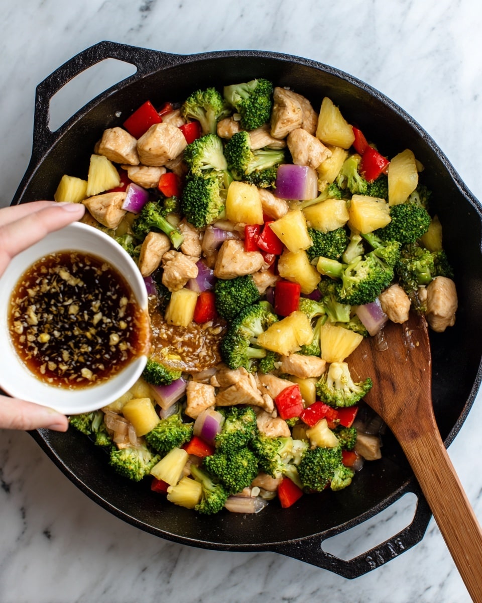 The image shows a black cast iron skillet filled with a colorful mix of stir-fried ingredients including light cream chunks of chicken, bright green broccoli florets, red bell pepper pieces, pale yellow pineapple chunks, and bits of purple onion. A white bowl is held over the skillet by a woman's hand, pouring a dark brown sauce with small chopped garlic pieces into the skillet. A wooden spoon rests in the skillet on the right side, partially covered by the food. The skillet is placed on a white marbled surface. photo taken with an iphone --ar 4:5 --v 7