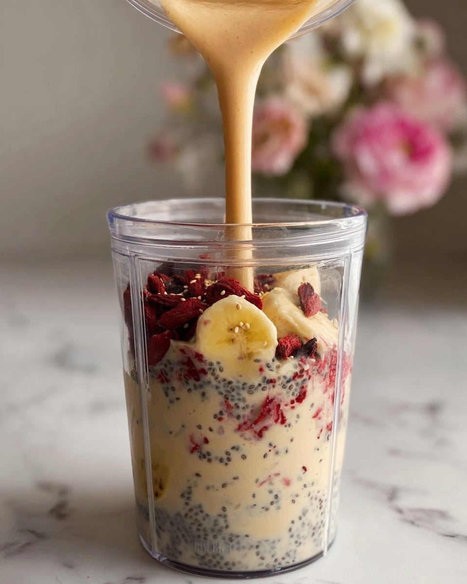 A clear blender cup filled with layers starting at the bottom with sliced light yellow banana pieces, followed by a thick layer of creamy beige liquid mixed with small black chia seeds and scattered red dried berries throughout. More of the creamy beige liquid is being poured from above, forming a smooth stream into the cup. The cup is sitting on a white marbled surface with soft focus flowers in the background. Photo taken with an iphone --ar 4:5 --v 7