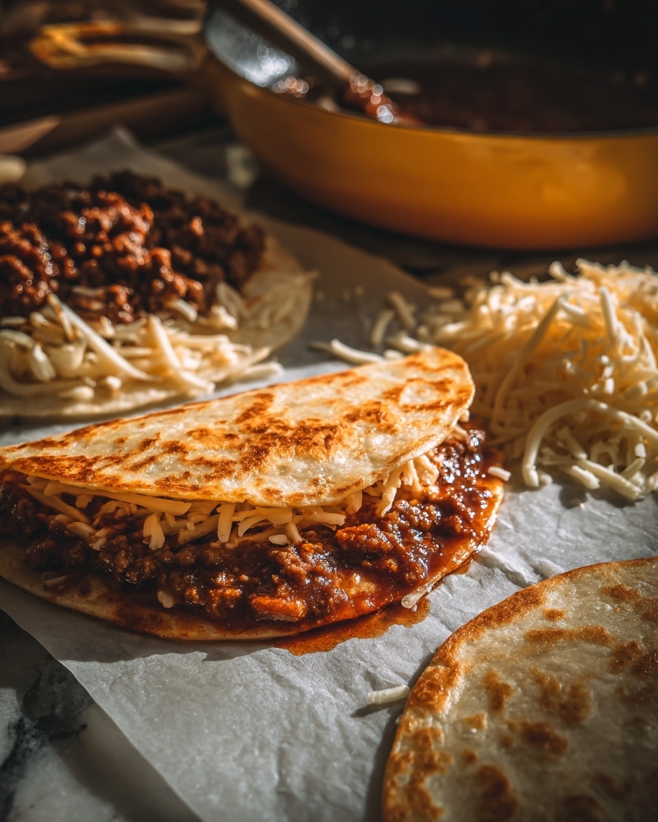 The image shows a partially folded taco placed on parchment paper. The taco has three visible layers: the base is a golden-brown crispy tortilla, the middle layer is a mix of shredded pale yellow cheese, and the top layer is a rich, dark reddish-brown sauce coating the tortilla. Next to the taco, there are more shredded cheese pieces and cooked ground meat with a dark brown color on a white marbled surface. A yellow pan with a black handle is blurred in the background. The lighting highlights the glossy texture of the sauce and the crispiness of the tortilla, giving a warm and appetizing feel. photo taken with an iphone --ar 4:5 --v 7