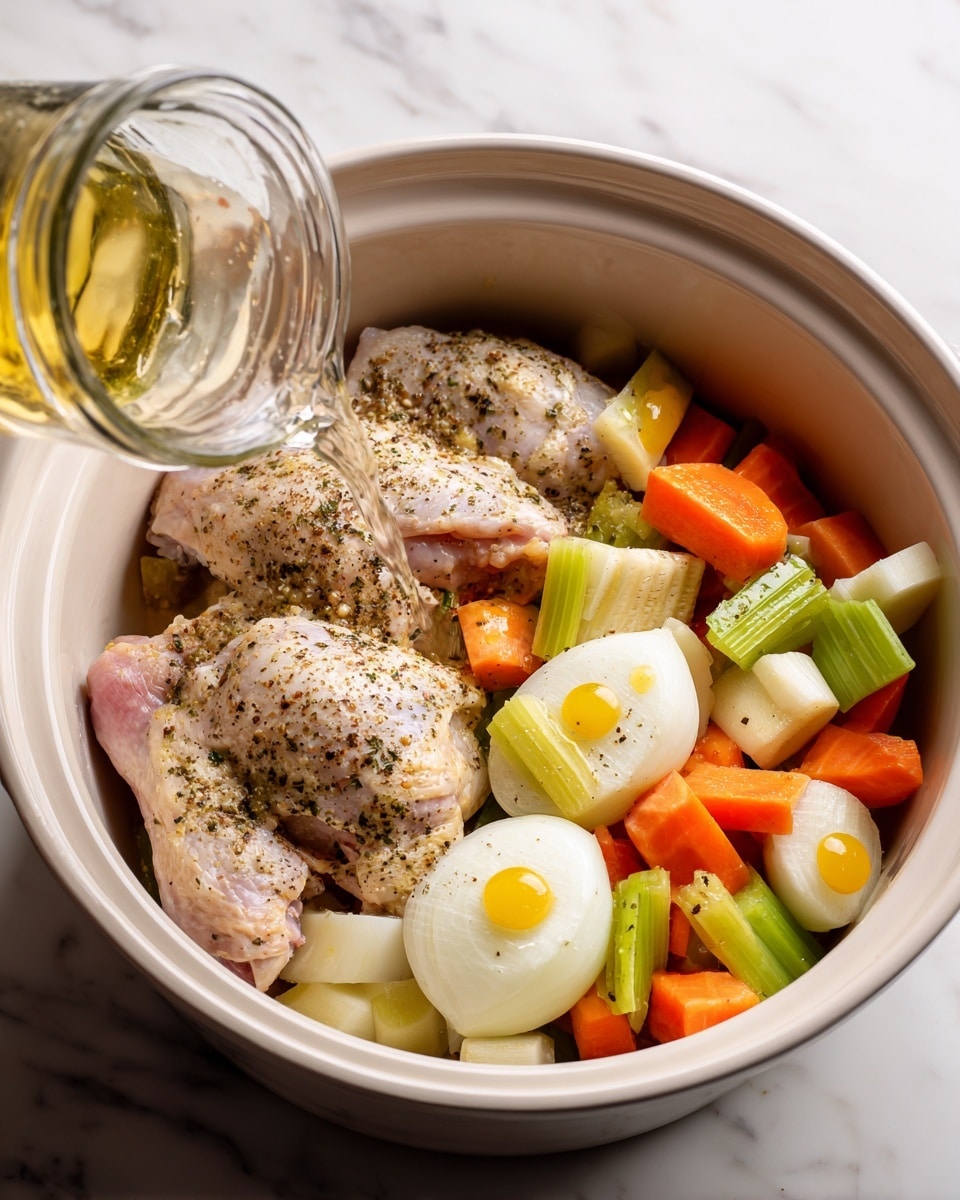 A white bowl filled with clear broth holds four light beige round dumplings speckled with herbs, surrounded by bright orange carrot slices and shredded white chicken pieces. Small green dill sprigs float on top, adding freshness and contrast. The bowl sits on a white plate over a white marbled surface with a silver spoon and a beige cloth napkin on the side. Fresh whole orange and white carrots partly frame the upper left of the scene. photo taken with an iphone --ar 4:5 --v 7