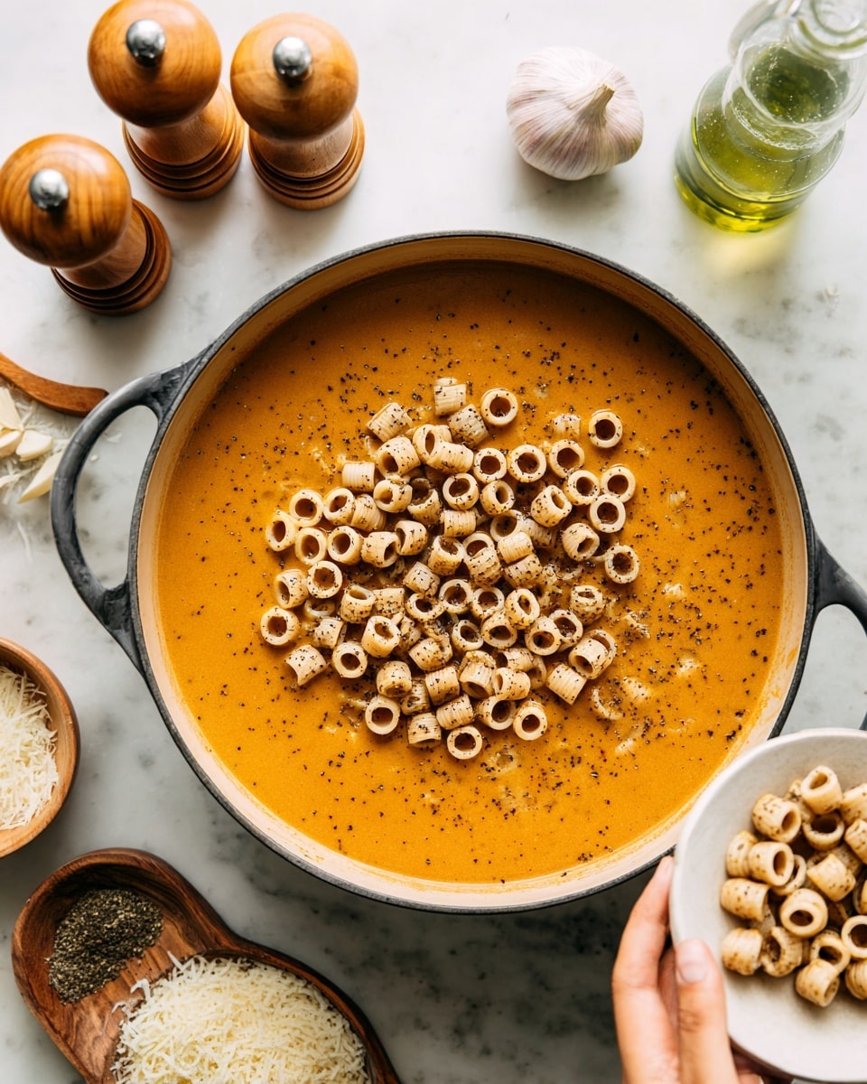 A black-handled round pot sits on a white marbled surface, filled mostly with a smooth thick orange mixture with specks of dark brown floating on top. In the center of the pot, a cluster of small, round, light brown hollow pasta sits on the orange liquid. A woman's hand at the bottom right is holding a white plate tilted toward the pot, with more of the same small pasta about to be added. Around the pot, there are two wooden pepper grinders, a glass bottle with a green liquid, a small white bowl with grated cheese, and a garlic bulb. Photo taken with an iphone --ar 4:5 --v 7