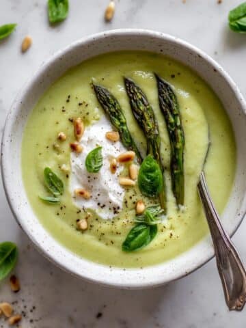 Asparagus Soup with Basil, Pine Nuts, and Greek Yogurt Recipe