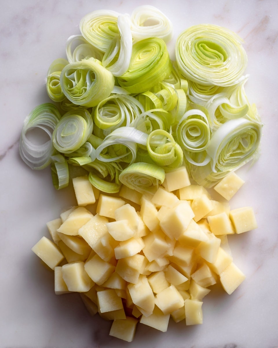 This image shows two layers of chopped vegetables placed on a white marbled surface. The top layer is made of light green and white sliced leeks with soft, concentric rings and smooth textures, arranged loosely in a pile. Below the leeks, there is a layer of pale yellow cubed potatoes with a smooth surface and slightly rounded edges, also gathered in a small heap. The colors blend from green and white at the top to soft yellow at the bottom. photo taken with an iphone --ar 4:5 --v 7