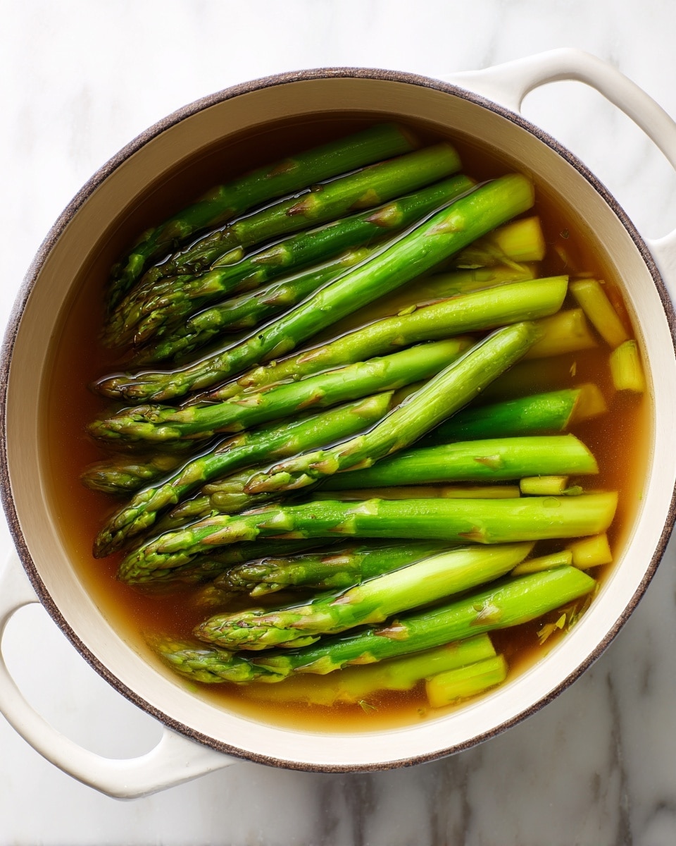 A top view of a white pot filled with a light brown broth at the bottom, with thick pieces of bright green asparagus placed evenly on the top, showing both the cut ends and the tips of the asparagus stalks. The asparagus pieces vary slightly in size and their green color contrasts with the light broth below. The pot sits on a white marbled surface. Photo taken with an iphone --ar 4:5 --v 7