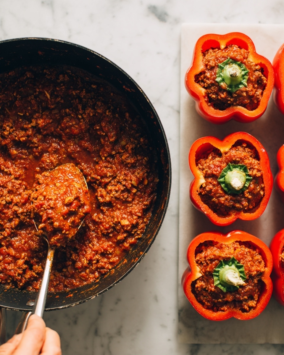 The image shows two sections side by side. On the left, there is a black pan filled with a thick, reddish-brown cooked meat sauce textured with visible chunks of garlic and meat. On the right, there is a white marbled surface with six bright red bell pepper halves arranged neatly in two columns of three, each hollowed out with the green stem still attached at the top. A woman's hand is holding a spoonful of the meat sauce above the pan. Photo taken with an iphone --ar 4:5 --v 7