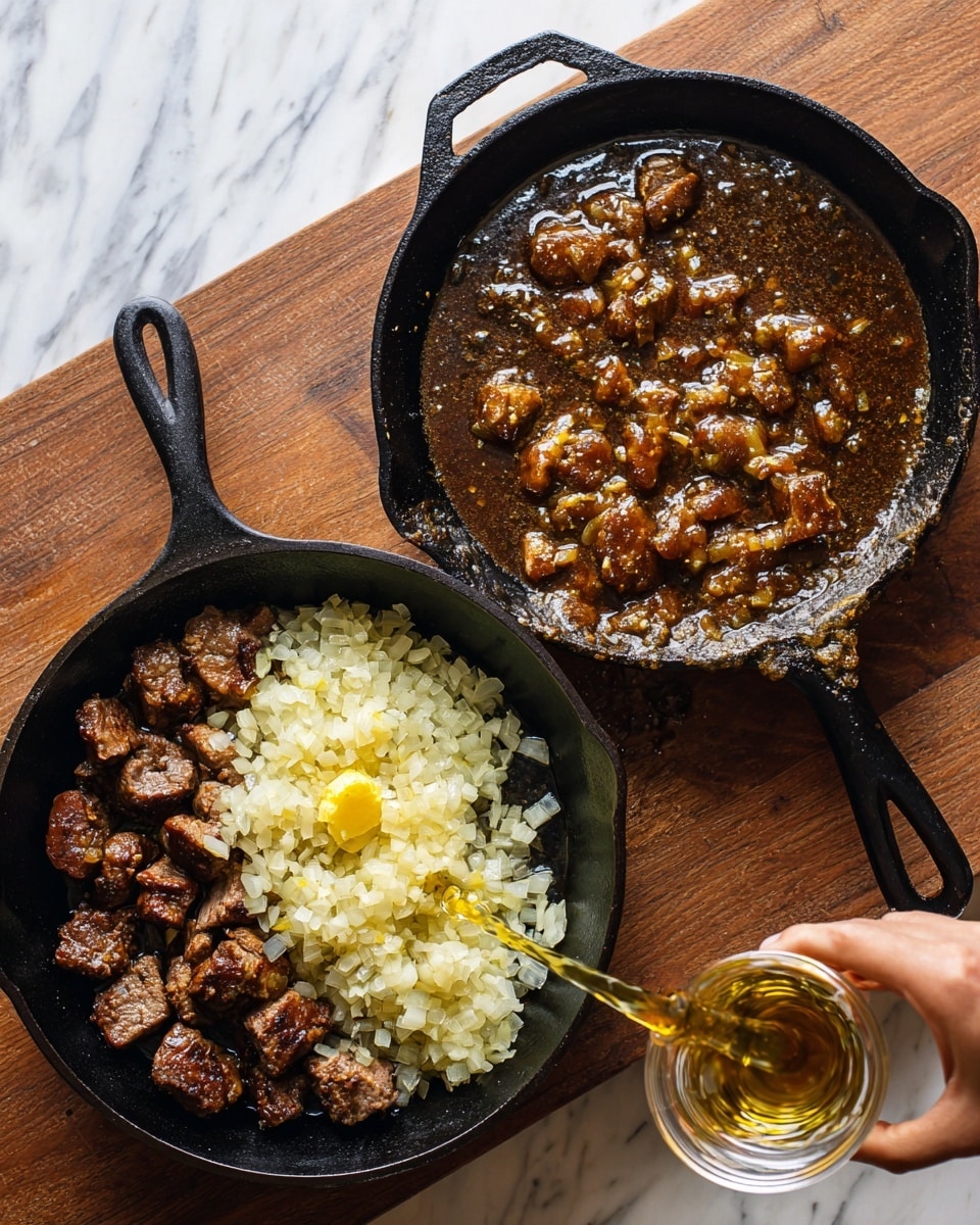 The image shows two black cast iron pans on a wooden surface. The left pan has pieces of browned meat on the left side, and finely chopped, golden-brown onions on the right side with a small yellow lump of butter in the middle. A clear liquid is being poured into the pan from the bottom right corner by a woman's hand. The right pan shows the same meat pieces fully covered in a thick, brown sauce with a shiny texture. The background is a white marbled surface. Photo taken with an iphone --ar 4:5 --v 7