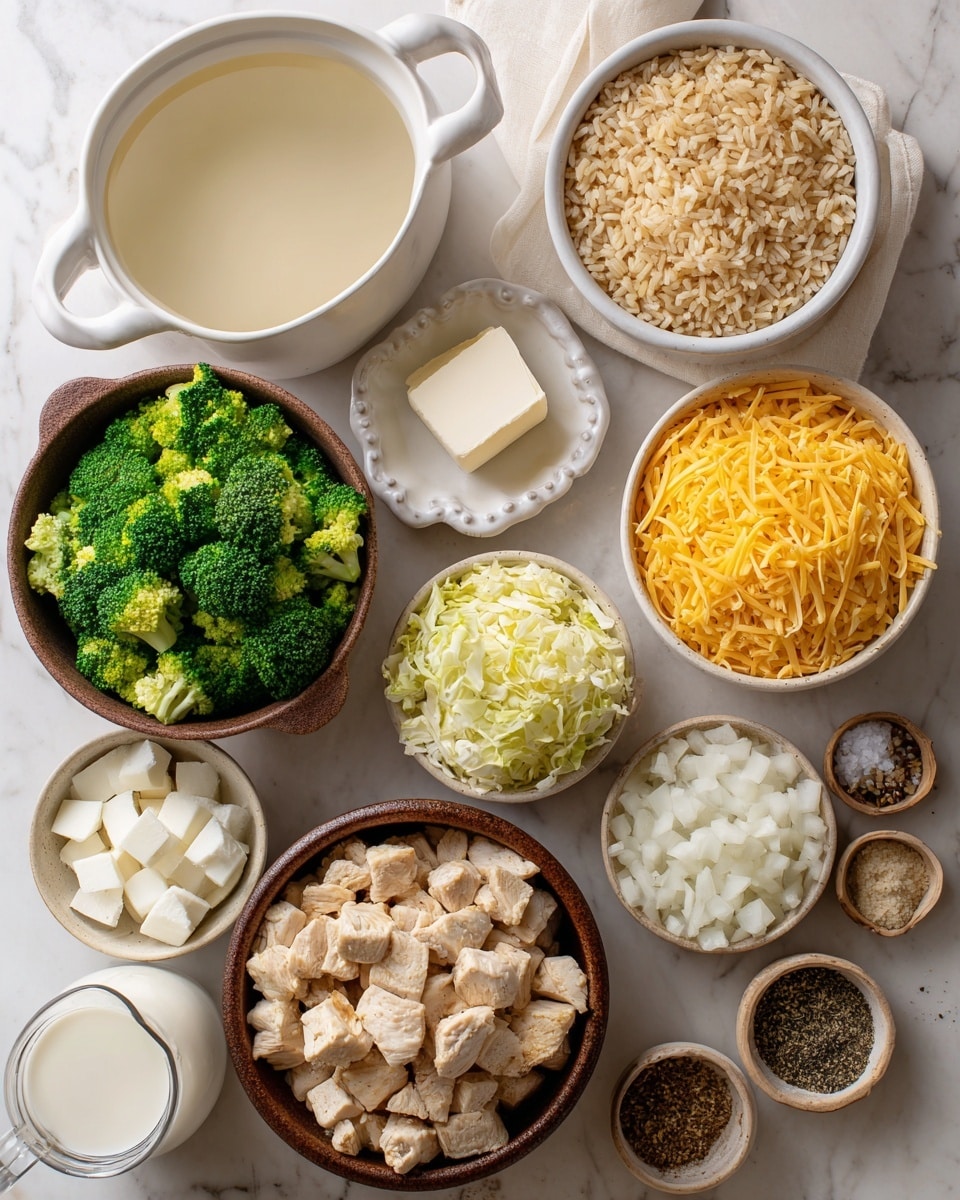 A white rectangular baking dish filled with a creamy casserole that has a top layer of melted bright yellow cheese sprinkled with small green broccoli florets and black pepper. A portion of the casserole is scooped out from the bottom left corner, showing the inside layers which include a mix of white creamy sauce, light beige chunks, and green pieces, with a golden metal serving spoon resting in the dish. Around the dish on a white marbled surface are a bowl of shredded yellow cheese, a small bowl with a light creamy sauce, and a white bowl with a bite of casserole and a gold fork. Photo taken with an iphone --ar 4:5 --v 7