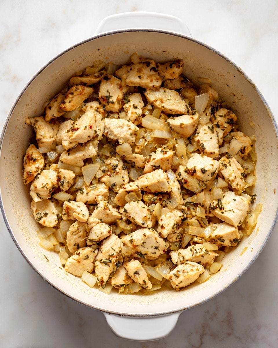 A white cooking pot filled with small, uneven pieces of cooked chicken mixed with diced cooked onions, both appearing light golden and slightly seasoned with herbs and spices, giving a textured and rustic look. The chicken pieces have a soft, moist texture and are scattered evenly throughout the pot. The pot sits on a white marbled surface, creating a clean and bright background. Photo taken with an iphone --ar 4:5 --v 7