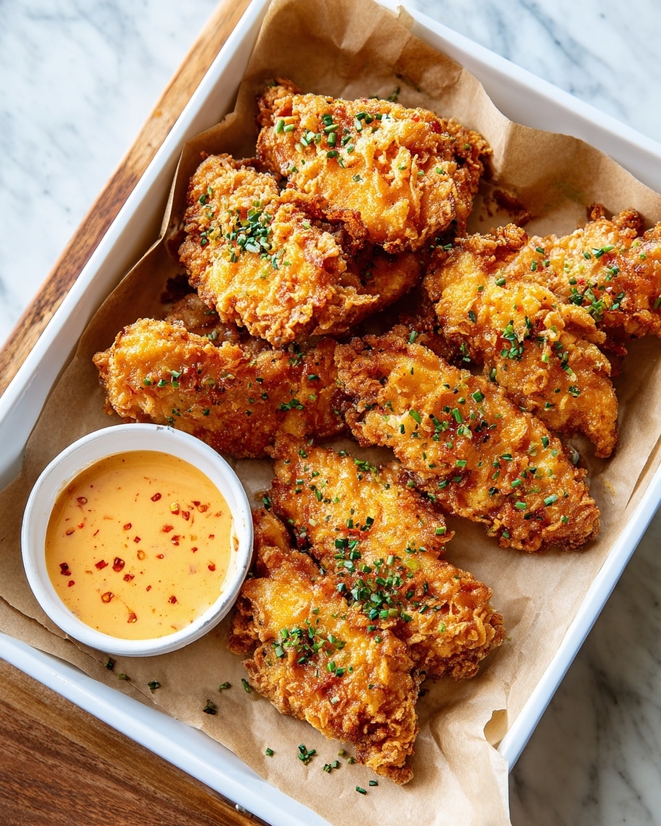 The image shows a metal tray lined with light brown parchment paper holding six pieces of golden brown fried chicken tenders. The tenders are covered with a shiny, thick, light amber glaze with red and white bits in it, giving a sticky and glossy look. Small green herb pieces are sprinkled evenly over the chicken. On the bottom left corner of the tray, there is a small white bowl filled with a creamy, pale yellow dipping sauce with tiny red specks inside. The tray is placed on a wooden surface with some scattered green herbs around it. photo taken with an iphone --ar 4:5 --v 7