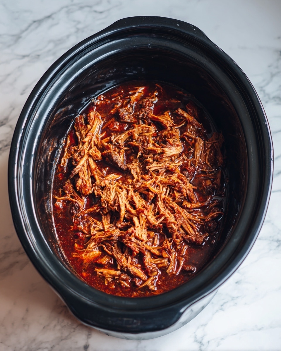 Inside a black slow cooker, there is one visible layer of shredded meat in a brown sauce, showing rich brown and reddish hues with a moist and tender texture, all sitting at the bottom. The cooker is placed on a white marbled surface. photo taken with an iphone --ar 4:5 --v 7