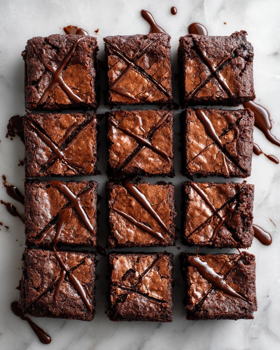 A square chocolate brownie with a rough, cracked top layer sits on a white marbled surface. It has a thick dark brown color, and melted chocolate is drizzled in a thick, messy crisscross pattern over the top, extending slightly onto the surface around it. The melted chocolate has a shiny, smooth texture that contrasts with the matte, textured surface of the brownie photo taken with an iphone --ar 4:5 --v 7