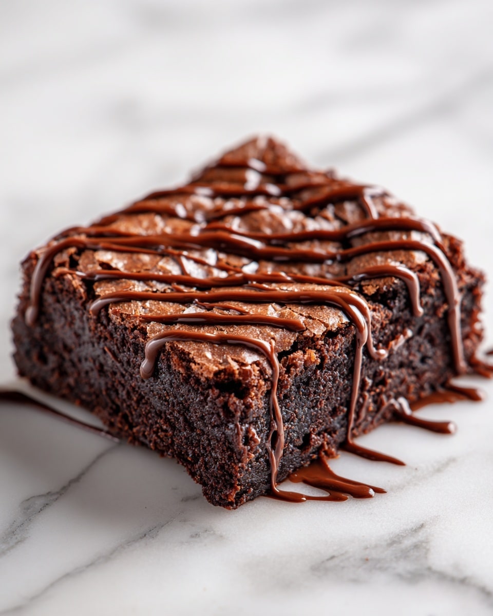 The image shows twelve square pieces of dark chocolate brownies arranged neatly in a 4 by 3 grid on a white marbled surface. Each brownie has a shiny, slightly cracked top layer with a lighter brown chocolate drizzle forming an irregular x-shaped pattern across them. The edges of the brownies are clean but not perfectly smooth, showing a dense, moist texture inside. Around the brownies, there are a few drops and smears of the chocolate drizzle on the white marbled surface, adding a casual but tempting look. photo taken with an iphone --ar 4:5 --v 7