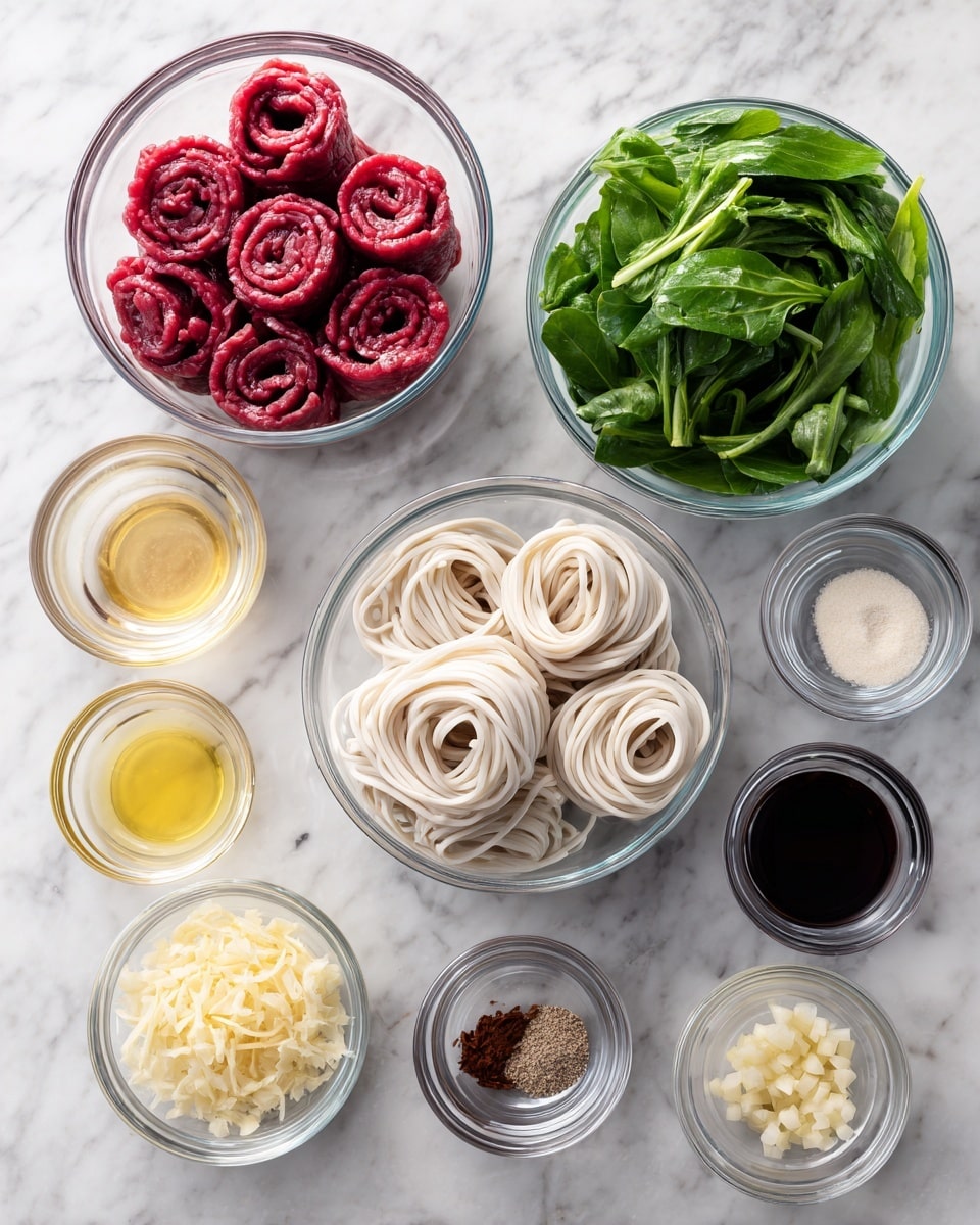 A top-down view of clear glass bowls arranged neatly on a white marbled surface, holding fresh ingredients for a meal. The largest bowl contains deep red rolled slices of raw meat stacked in two neat piles. Below it to the left is a bowl with coiled, thick white noodles. To the right of the noodles, another bowl holds bright green leafy vegetables with visible texture and veins. Smaller bowls are organized in rows above and to the right, containing various liquids and powders in shades of light yellow, dark brown, black, beige, and white. One bowl has finely chopped light yellow garlic. The arrangement is clean and organized with clear detail on textures and colors. Photo taken with an iphone --ar 4:5 --v 7