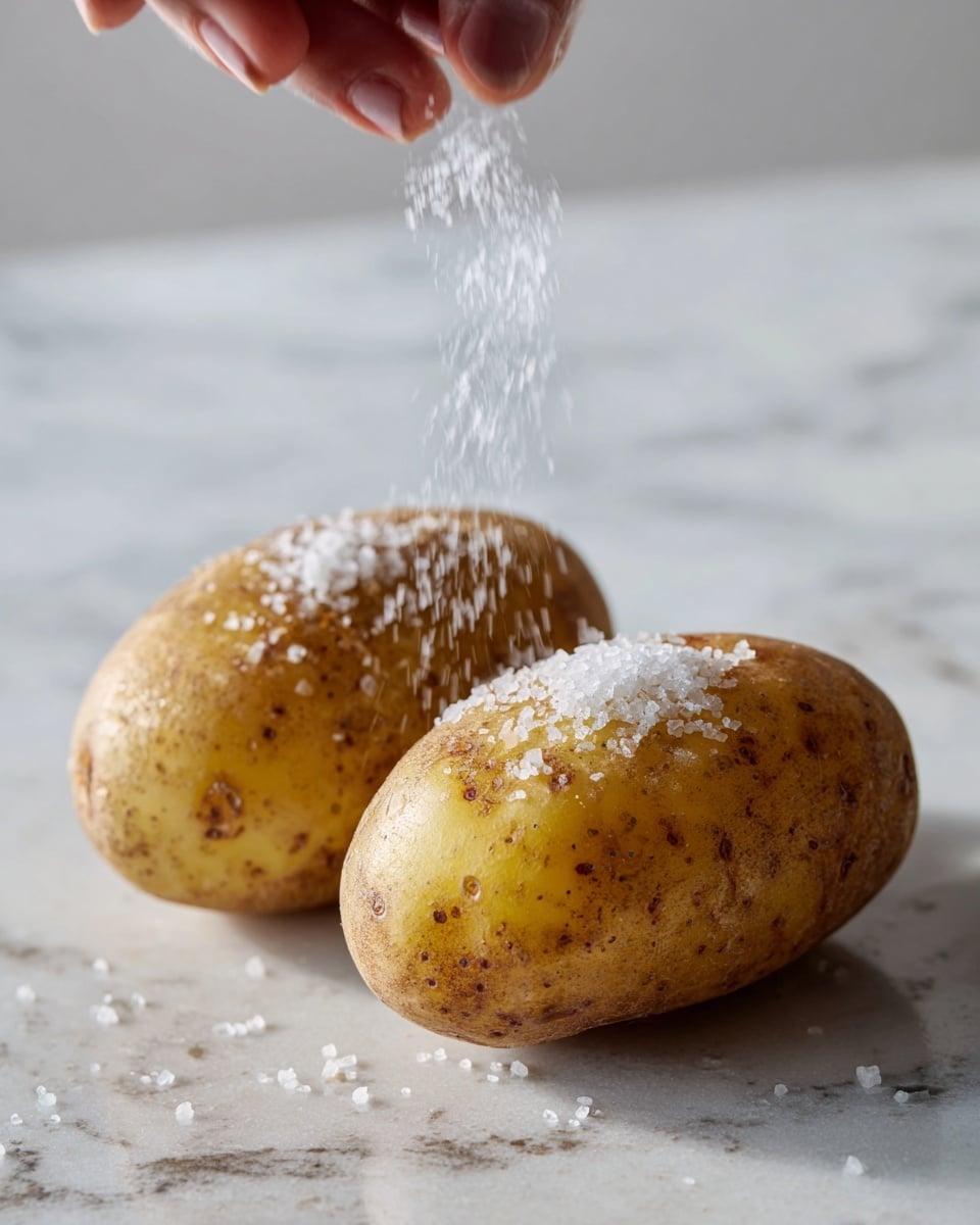 Two potatoes lie on a white marbled surface, each coated with a light layer of oil and sprinkled with salt and spices, giving them a slightly glistening texture. A woman's hand is above one potato, gently sprinkling coarse salt, with some salt falling onto the potato below. The potatoes have a natural yellow-brown skin with small dark spots, and the light reflects softly on their slightly shiny surface. photo taken with an iphone --ar 4:5 --v 7