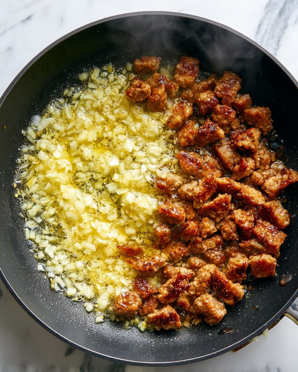 In a close-up view of a black pan, there are two main layers: on the right side, small golden brown pieces of cooked meat with a slightly crispy texture stacked closely together, and on the left side, a bubbling layer of yellow butter mixed with finely chopped pale yellow garlic pieces spread evenly, creating a rich and sizzling surface. Thin steam rises from the pan, showing the heat and cooking process. The background is a white marbled texture photo taken with an iphone --ar 4:5 --v 7