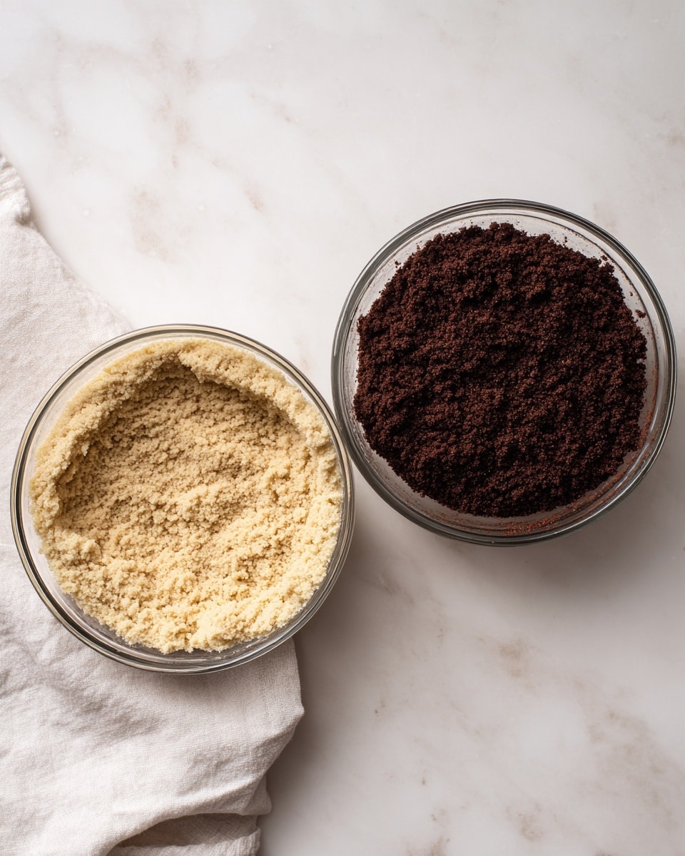 The image shows two round clear glass bowls placed side by side on a white marbled surface with a white cloth nearby. The bowl on the left contains one thick layer of light tan colored dough with a rough, slightly sticky texture evenly spread across the bottom. The bowl on the right holds one layer of dark brown chocolate dough with a crumbly, dense texture, also spread across the bowl's base but less even and chunkier around the edges. Both doughs fill roughly the same space inside each bowl. Photo taken with an iphone --ar 4:5 --v 7