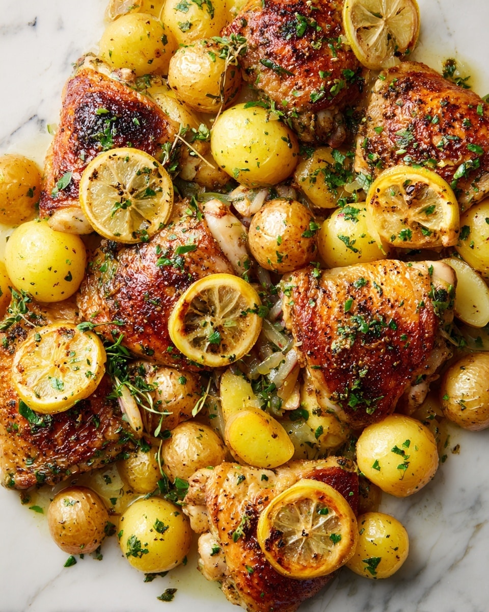 A white plate is placed on a light beige cloth with frayed edges, resting on a wooden surface. On the plate, there is one piece of golden-brown cooked chicken with slightly crispy skin and some green herb bits sprinkled on top. Around the chicken are several light golden roasted potato chunks with a smooth texture, some with bits of herbs on them. A round slice of browned lemon with visible seeds lies on the plate near the potatoes and chicken. At the top of the image, a metal tray filled with more chicken pieces, roasted potato chunks, and lemon slices is visible. Everything looks warm and appetizing. photo taken with an iphone --ar 4:5 --v 7
