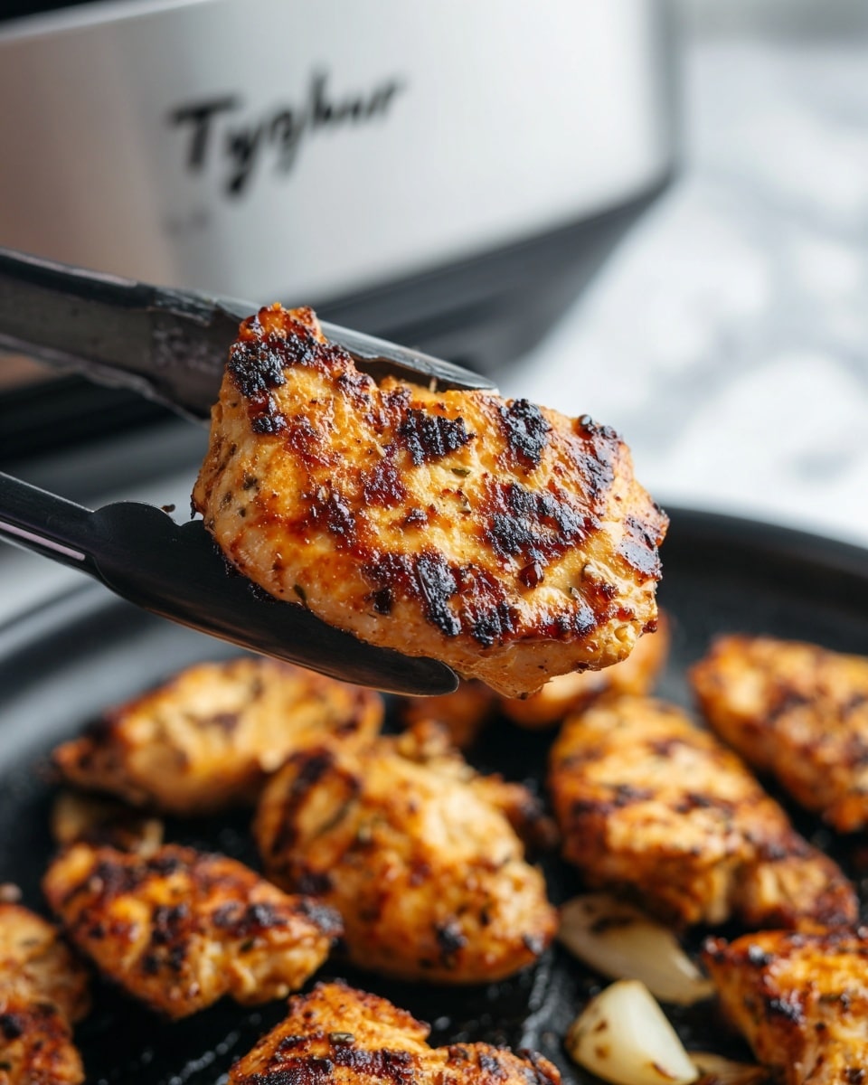 A close-up view shows a piece of grilled chicken held by silver and black tongs. The chicken piece is golden-brown with small charred spots and a textured surface from grilling. Below it, several other similar grilled chicken pieces lay scattered in a black cooking pan with some garlic cloves visible. The background shows part of a silver appliance with