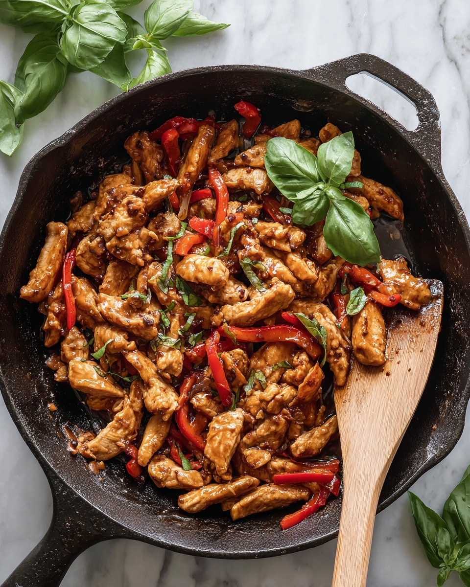 A close-up view of a black cast iron pan filled with cooked sliced chicken pieces and red bell pepper strips coated in a shiny brown sauce, mixed with small bits of herbs scattered over the top. The chicken is golden brown with a slightly crispy texture, and the red peppers are bright and soft. A wooden spatula rests on the right side inside the pan, partially covered by food, with a fresh green basil sprig placed on it. The pan sits on a white marbled surface with fresh green basil leaves in the background, adding a touch of natural color. photo taken with an iphone --ar 4:5 --v 7