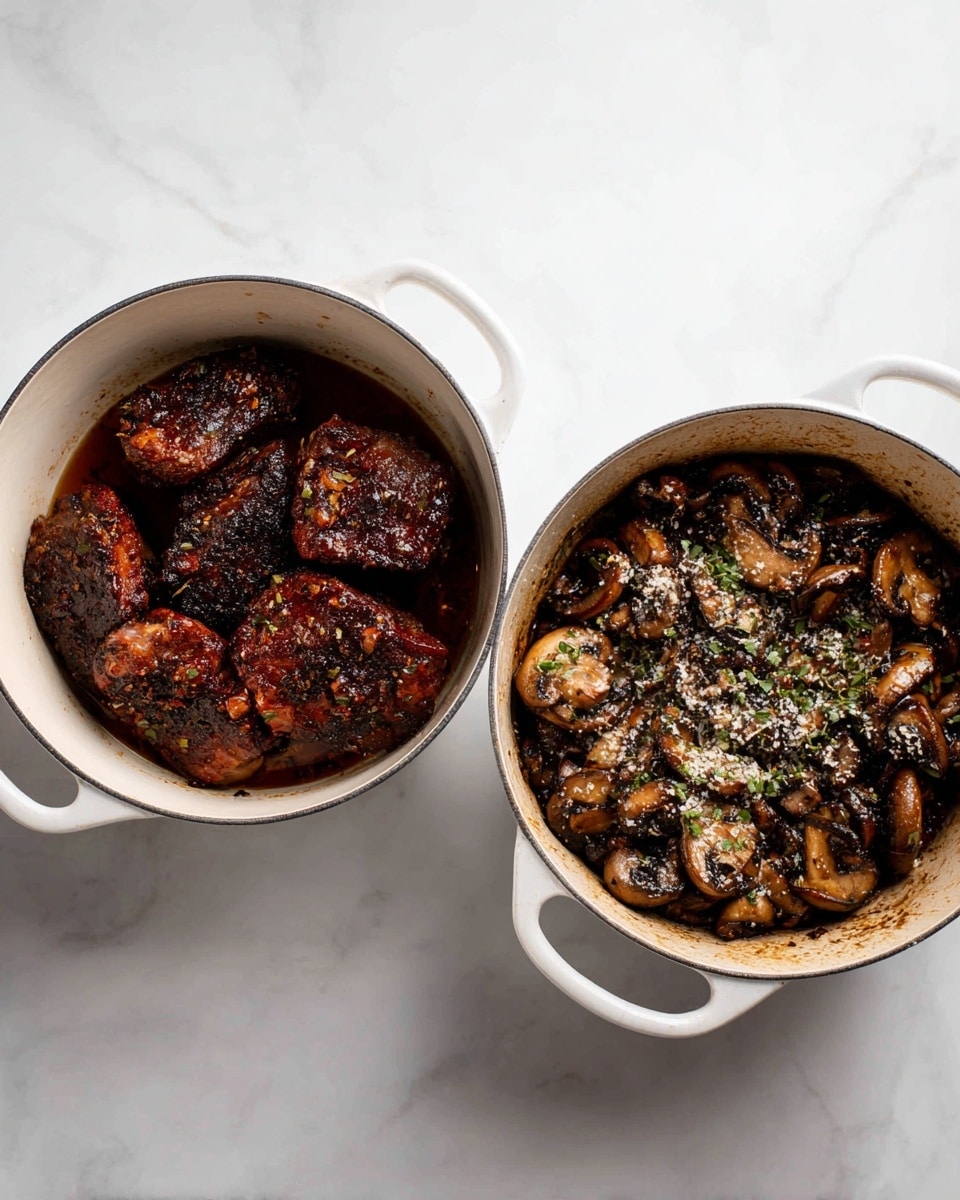 The image shows two white pots on a white marbled surface. The left pot has several browned pieces of meat, each with a crispy, dark brown outside and a slight golden crust, spread evenly inside the pot. The right pot holds sliced mushrooms cooked to a deep brown color with some visible herbs and white granules sprinkled on top, covering the mushrooms and some browned bits stuck to the pot's surface, giving a textured and seasoned look. photo taken with an iphone --ar 4:5 --v 7