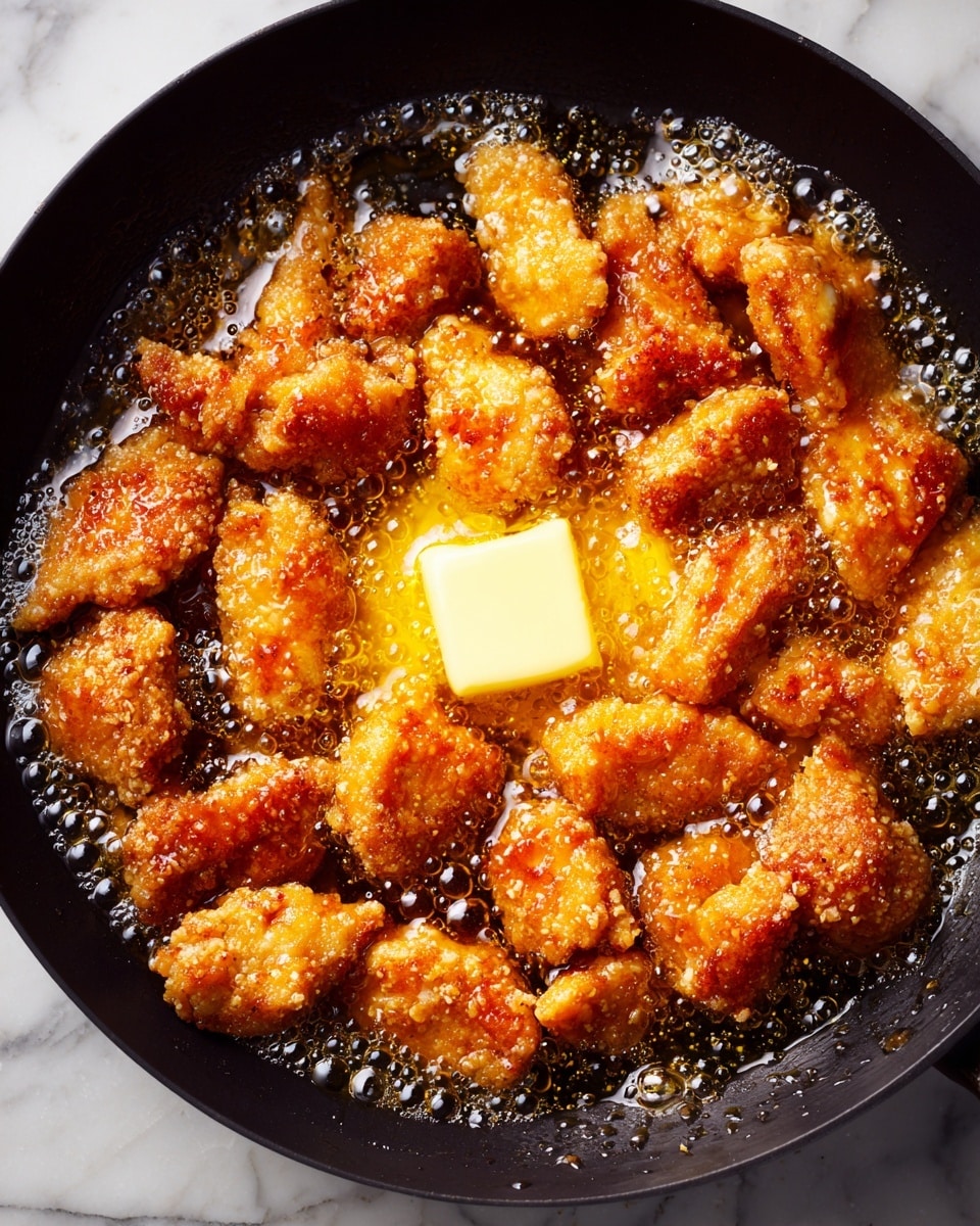 A close-up of a black pan filled with many small pieces of golden-brown cooked chicken that have a crispy texture, surrounded by bubbling golden-orange oil. In the center, there is a single square piece of melting butter adding a creamy yellow layer to the scene. The chicken pieces form a rough circle around the butter, showing their crunchy surface with some darker brown spots. The background has a white marbled texture. photo taken with an iphone --ar 4:5 --v 7