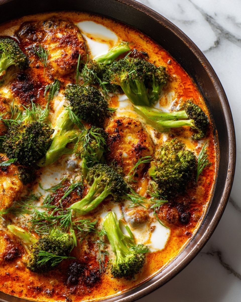The image shows a close-up of a cooked dish in a dark skillet, featuring three main layers: a base layer of golden-brown cooked pieces with some slightly charred edges, a middle layer of rich, orange-red sauce with some foamy bubbles, and a top layer of fresh, bright green broccoli florets scattered generously. There is also a creamy white liquid poured over parts of the dish, creating a smooth, glossy texture that contrasts with the rougher textures of the broccoli and cooked pieces. The whole dish rests on a white marbled surface. photo taken with an iphone --ar 4:5 --v 7