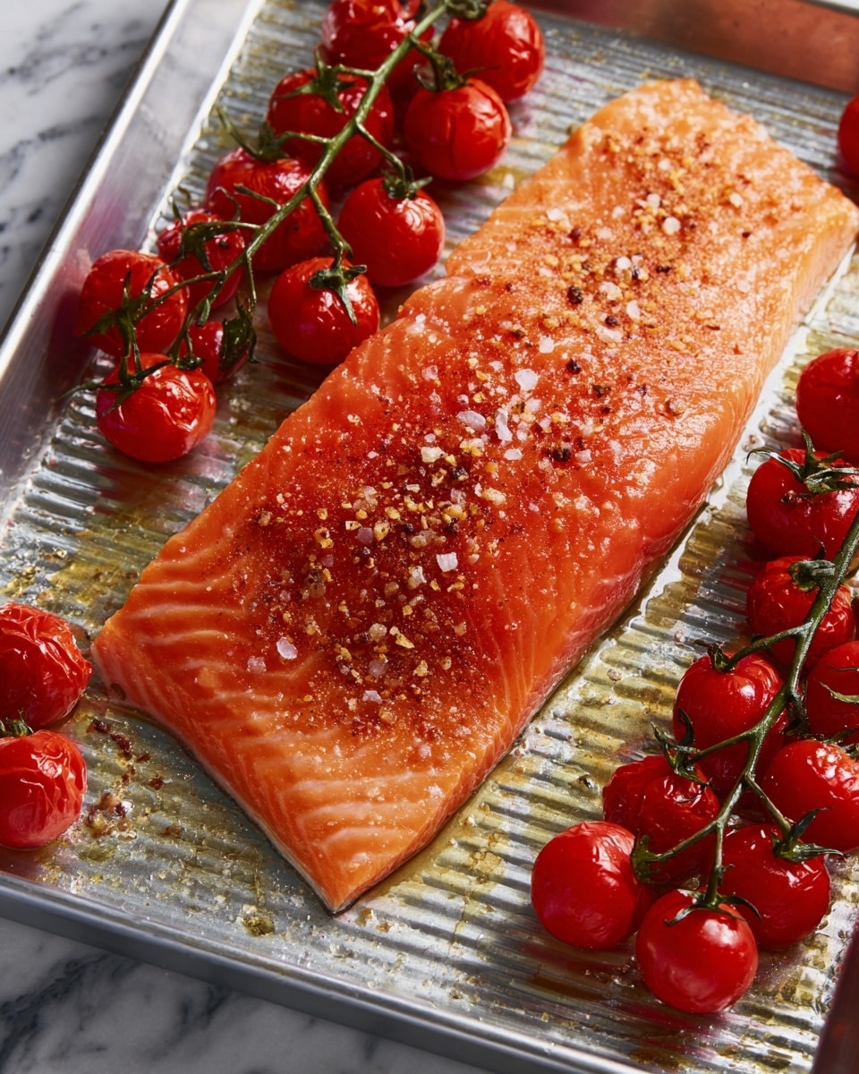 The image shows one large piece of raw salmon fillet placed diagonally on a silver baking tray with ridges. The salmon is bright orange with visible marbling and is topped with scattered brown sugar crystals and spices. Around the salmon, there are clusters of small, round, shiny red cherry tomatoes still attached to green stems, placed in each corner of the tray. The tray surface has droplets of oil glistening under light. The background is a white marbled texture photo taken with an iphone --ar 4:5 --v 7