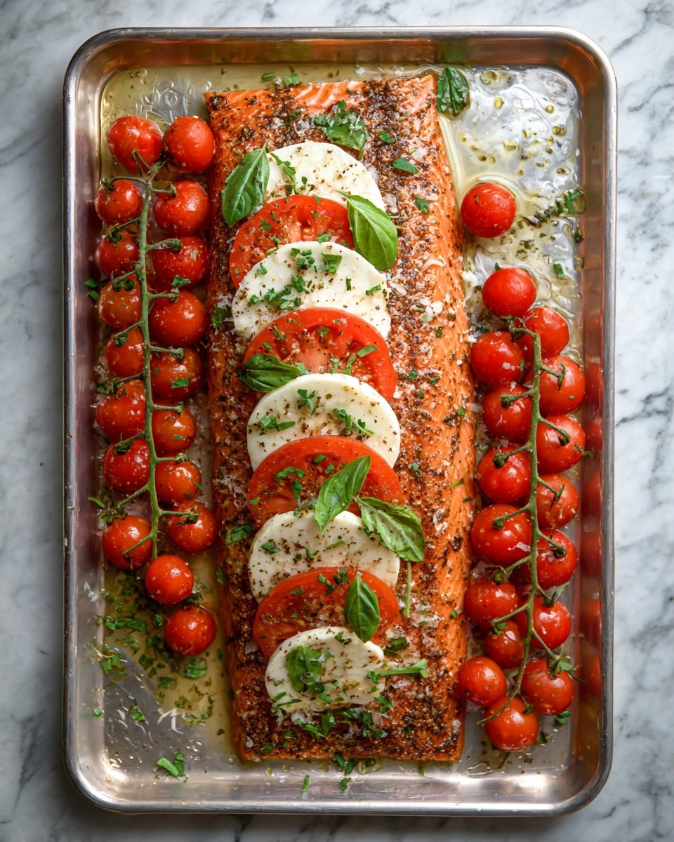The image shows a silver tray with a large piece of raw salmon fillet in the center, laid flat. The salmon is seasoned with herbs and spices, giving it a reddish-orange base color with brownish speckles. Across the salmon are several thin slices of white cheese and bright red tomato, placed in alternating strips from top to bottom. Fresh green basil leaves are sprinkled on top adding a touch of vivid green. Around the salmon, clusters of bright red cherry tomatoes still on their green stems are placed on the tray. The tray has some drizzles of oil, creating a shiny texture. The surface under the tray is a white marbled texture photo taken with an iphone --ar 4:5 --v 7