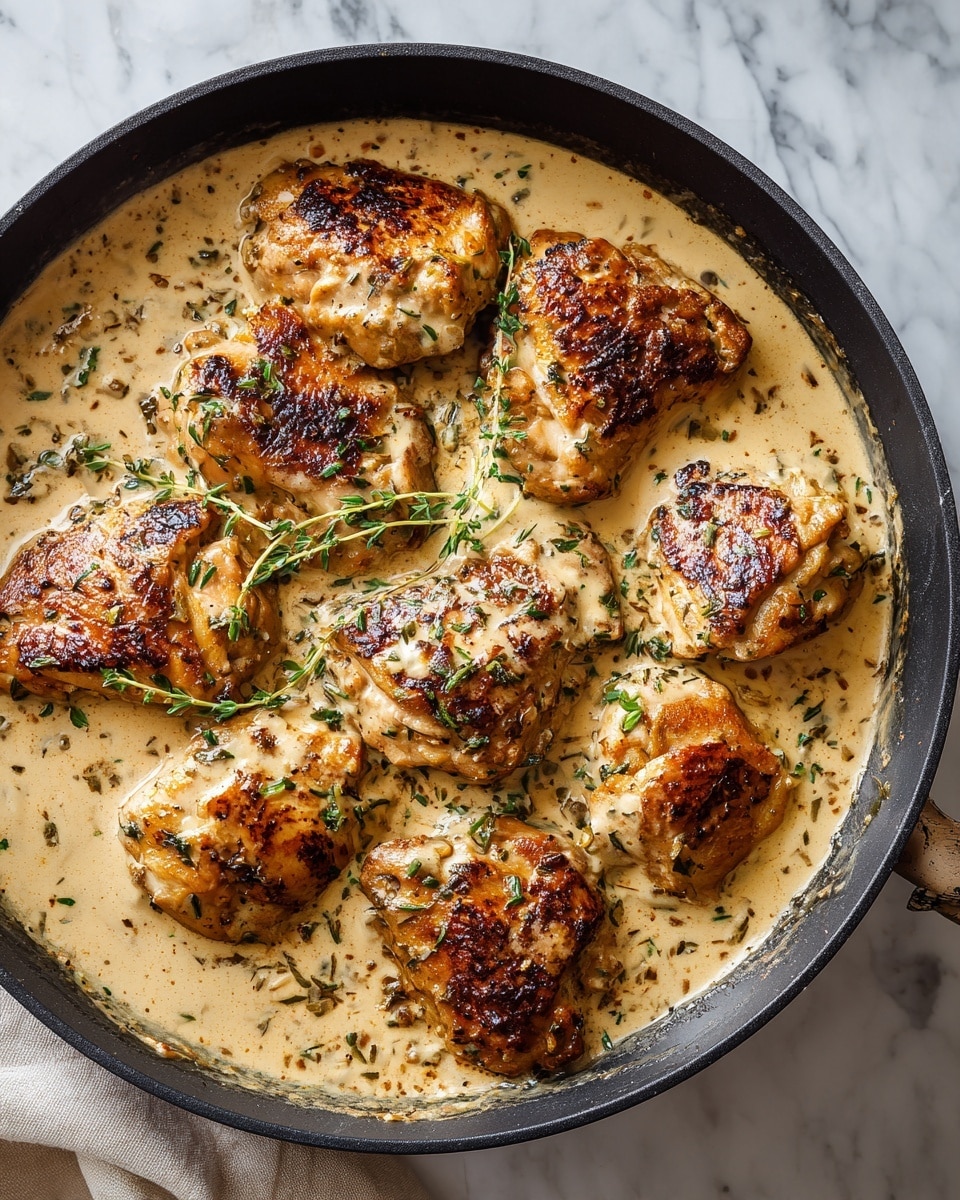 The image shows a round black skillet filled with several golden brown cooked chicken pieces in a thick, creamy, light brown sauce mixed with herbs. The chicken has a slightly charred texture on the outside. Small bits of green herbs are sprinkled on top and mixed throughout the sauce. The skillet rests on a white marbled surface. Photo taken with an iphone --ar 4:5 --v 7