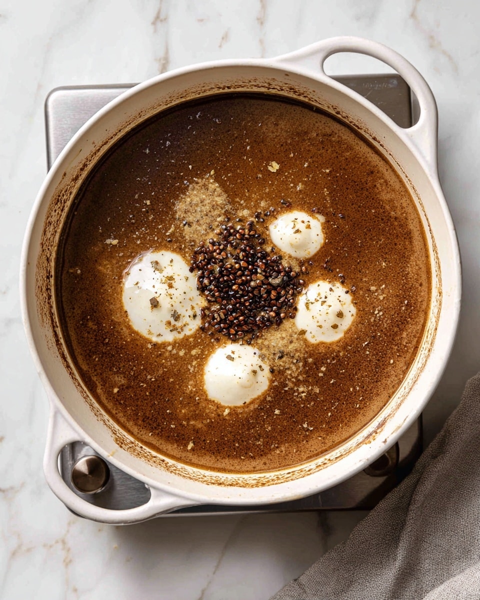 A close-up view of a silver pan on a stove filled with a light brown bubbling mixture. The mixture looks thick and grainy with small pieces suspended in a translucent golden liquid. Steam rises gently from the cooking food, showing that it is hot. The pan has a shiny metal handle extending to the side and the background shows a soft focus of a white marbled texture surface. photo taken with an iphone --ar 4:5 --v 7