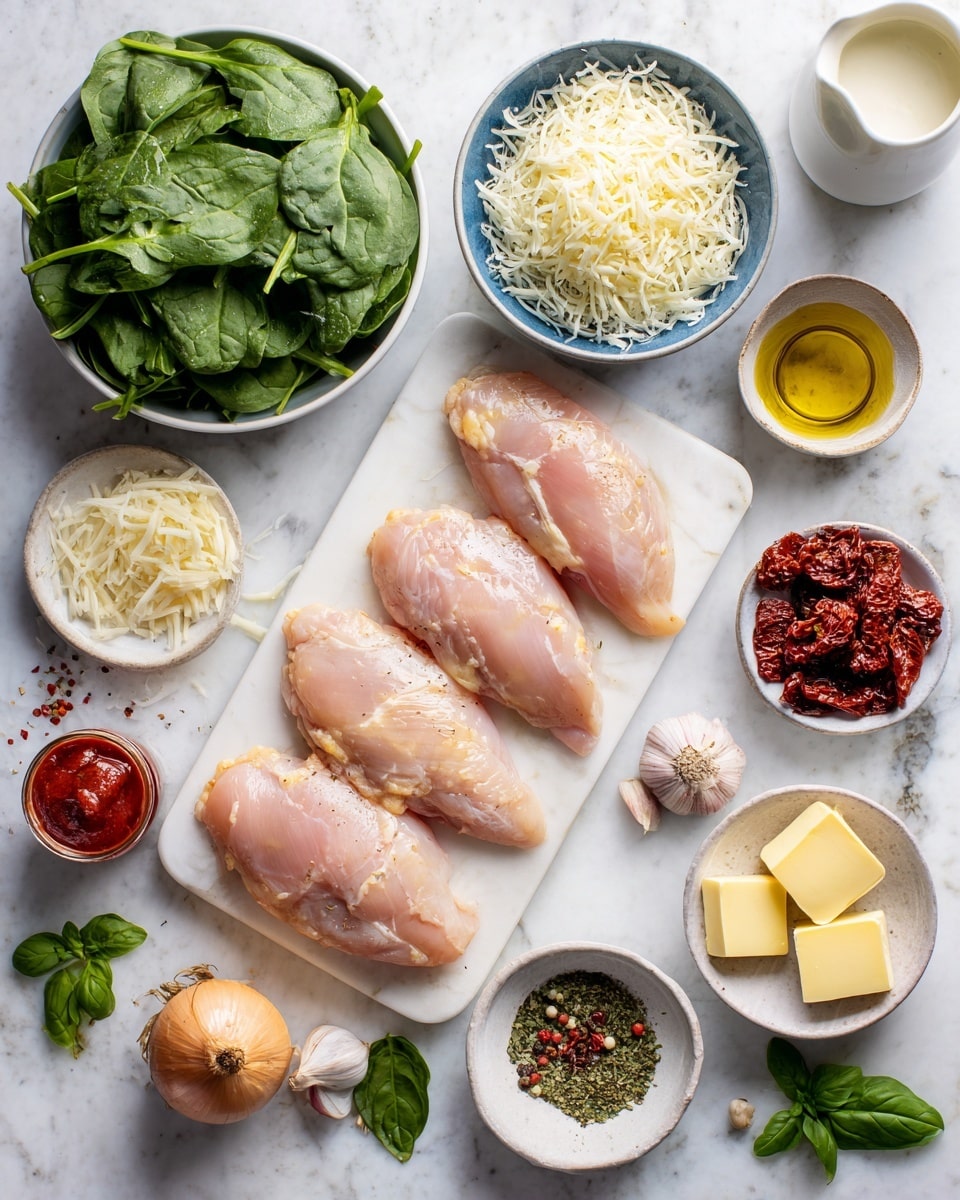 The image shows four raw chicken pieces placed in the center on a white marble cutting board. Around them, there are various ingredients arranged neatly: a bowl of fresh green spinach leaves on the upper left, a small blue bowl filled with shredded white cheese and a wedge of cheese nearby. On the lower left, a tube of tomato paste lies next to a small dish with olive oil and a shallot. To the right of the chicken, there is a small white bowl with two yellow butter slices, a cup with dried red sun-dried tomatoes, and a few fresh green basil leaves scattered around. Garlic cloves, black pepper, chili flakes, and dried herbs are placed in small spoons or bowls on the marble surface. A jug of cream is in the upper right corner. All items are set on a white marbled texture background, arranged in a clean, organized way. Photo taken with an iphone --ar 4:5 --v 7