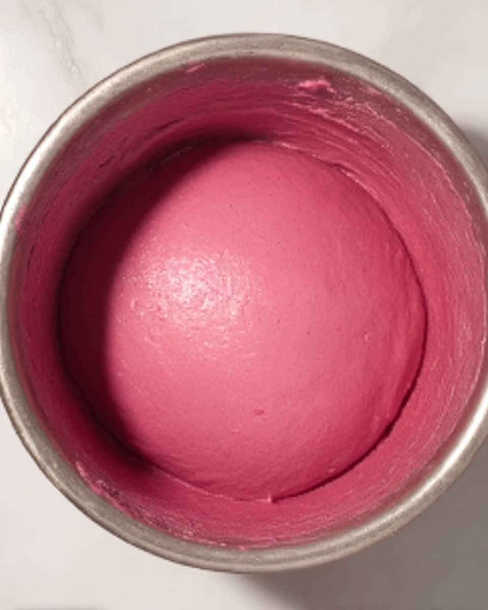 A close-up image shows a stainless steel bowl filled with a smooth, thick batter that is bright pink in color, covering the bottom of the bowl in one even layer. The bowl is placed on a white marbled surface. The batter has a glossy texture, and the lighting highlights its shiny and creamy appearance. Photo taken with an iphone --ar 4:5 --v 7
