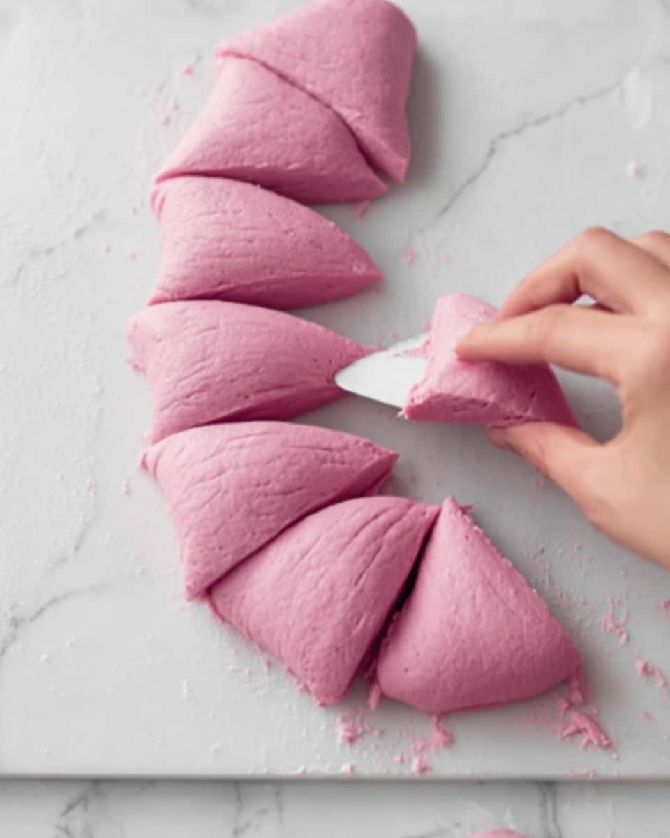 The image shows a white surface with pieces of pink dough formed into triangular shapes arranged neatly in a row. A woman's hand is holding a white spatula, lifting or separating one piece, showing the smooth and soft texture of the dough. The overall tone is clean and simple, with the focus on the vibrant pink color and fluffy texture. The white marbled surface adds an elegant contrast to the bright pink dough. photo taken with an iphone --ar 4:5 --v 7