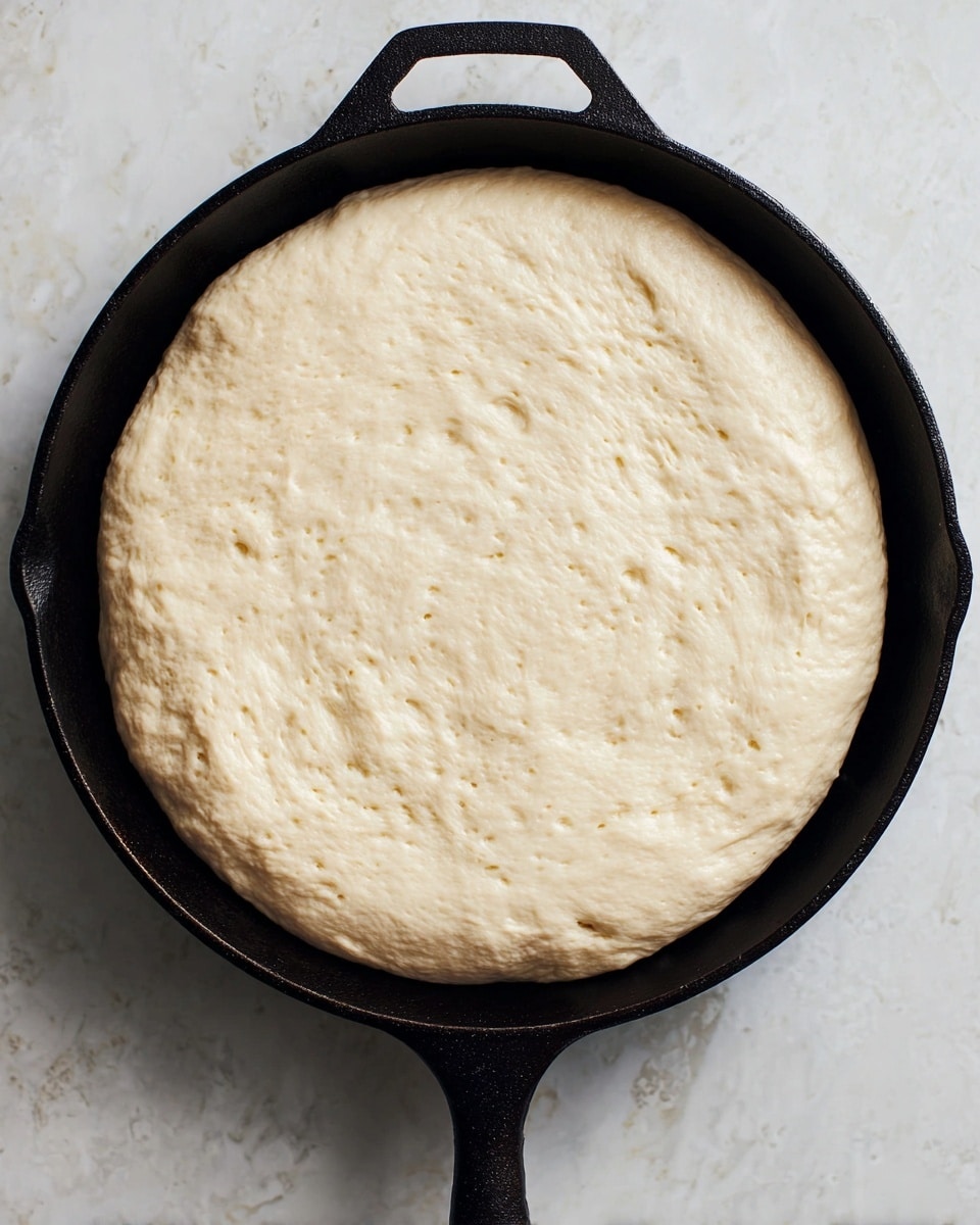 The image shows a single round layer of uncooked dough with a smooth and soft texture, slightly puffy in the center and spread evenly inside a black cast iron pan. The dough is pale beige and fills most of the pan’s bottom, its surface with subtle unevenness and small air bubbles. The pan sits on a white marbled surface, emphasizing the contrast between the dough’s light color and the dark pan. Photo taken with an iphone --ar 4:5 --v 7