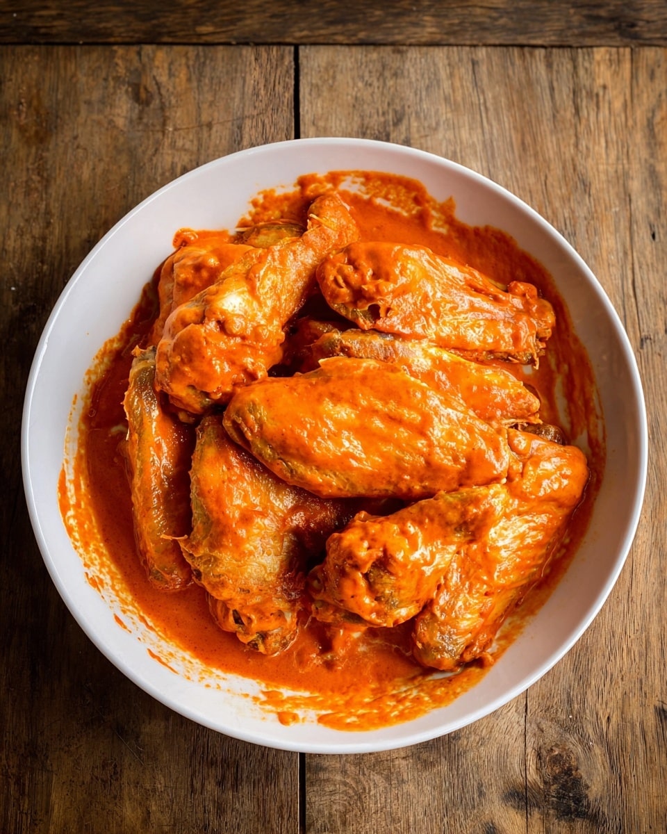A white plate lined with light brown parchment paper holds a pile of bright reddish-orange grilled chicken wings with slightly charred spots, arranged in a loose stack mostly on the right side. Small green dill sprigs are scattered on top of the wings. On the left side, two lemon wedges and one round lemon half nestle beside a small bowl of creamy white sauce speckled with green herbs, garnished with a dill sprig. The plate sits inside a black round tray with handles on a white marbled surface, accompanied by two clear glasses of light yellow drink, and another small bowl of similar sauce in the top right corner. Photo taken with an iphone --ar 4:5 --v 7