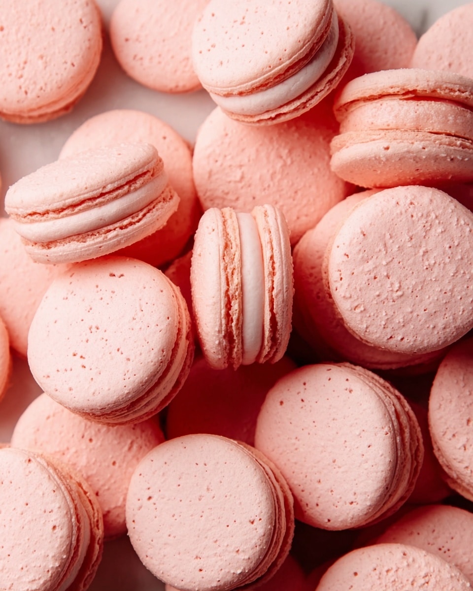 A stack of four pink macarons is shown, each with a smooth, creamy white filling in the middle, placed one on top of the other. The macarons have a light, delicate texture, and the top two have small, thin white icing lines and some small rose petal pieces scattered on and around them. Golden honey is being poured from above, dripping slowly down the sides of the macaron stack and pooling slightly at the bottom. The macarons and petals rest on a white marbled surface, with more scattered pink rose petals around, creating a soft, elegant look. photo taken with an iphone --ar 4:5 --v 7