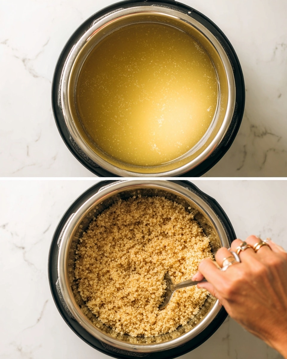 The image shows two views inside a stainless steel inner pot of a cooking appliance. In the first view, a yellow liquid with a grainy texture, likely uncooked quinoa soaking or cooking, fills the pot evenly, with a smooth shiny surface reflecting light. In the second view, the cooked quinoa has expanded into small, fluffy, beige grains covering the pot’s bottom. A woman's hand with two rings stirs the quinoa gently using a metal fork. The background surface is white with a marbled texture. Photo taken with an iphone --ar 4:5 --v 7