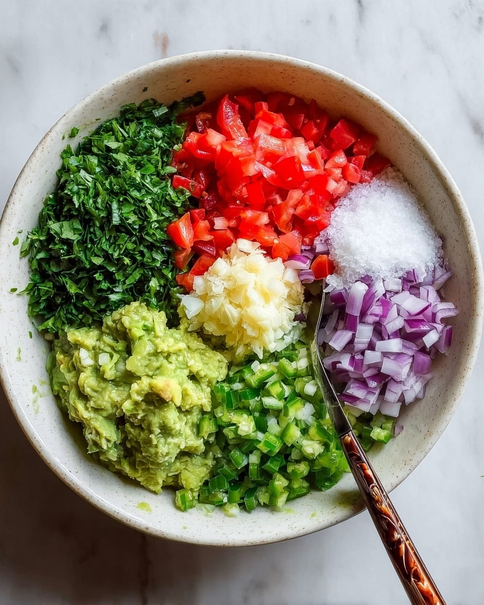 The image shows five avocado halves with light green flesh and some fixed brown pits, arranged in the center on a white marbled surface. Around them are six small white bowls with ingredients: chopped green herbs in one, green diced peppers in another, chopped red onions, minced garlic, chopped red tomatoes in a beige bowl, and white salt in a black bowl. There are also four lime halves placed around the avocados, two with the cut side facing up and two facing down. The scene is bright and organized, showing fresh ingredients ready for making a dish. Photo taken with an iphone --ar 4:5 --v 7