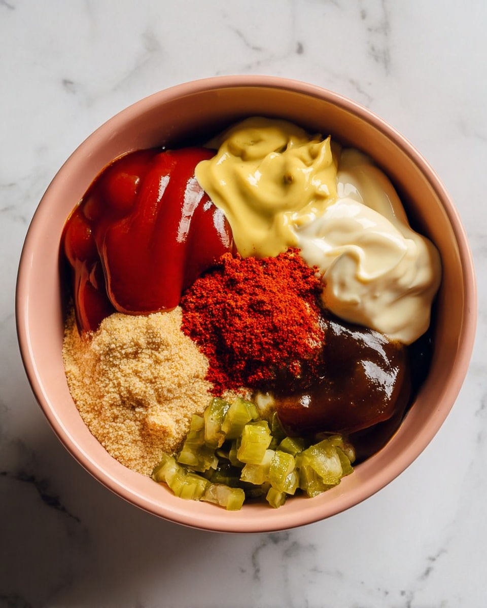 A pink bowl filled with six distinct layers of ingredients, set on a white marbled surface. Starting from the top, there is a thick layer of yellow mustard with a smooth texture; to the right of it is a creamy white mayonnaise layer. Below the mayonnaise, a pile of bright red powder spice is spread, and next to that is a shiny dark brown sauce filling the bottom right edge of the bowl. At the bottom of the bowl is a layer of chopped green pickles with a moist texture. To the left, a pile of light brown granulated seasoning rests alongside a thick, glossy red ketchup filling the left side of the bowl. The bowl’s ingredients remain separate, showing clear color and texture contrasts. Photo taken with an iphone --ar 4:5 --v 7