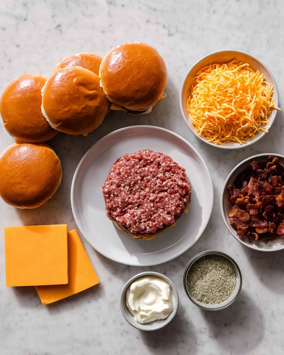 This image shows a group of burger ingredients arranged neatly on a white marbled surface. In the center, a white plate holds a large, raw beef patty with a coarse texture and a mix of deep red and white fat tones. Surrounding it are several shiny, smooth, golden brown burger buns with soft tops. To the top right, a white bowl is filled with shredded bright orange cheddar cheese, and next to it is another white bowl holding dark reddish-brown crispy bacon bits. On the left side, there are a few slices of square, bright orange processed cheese stacked together. Below them is a small dark bowl with a dollop of white creamy sauce, and above that is a tiny light gray bowl filled with pale green seasoning powder. The scene has soft natural light and gentle shadows, photo taken with an iphone --ar 4:5 --v 7