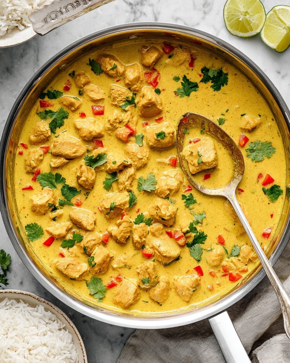A round stainless steel pan filled with a creamy yellow curry, showing many small chunks of light brown cooked chicken mixed with diced red bell peppers and small bits of onion. The curry sauce is thick and smooth, covering the ingredients evenly. Fresh green cilantro leaves are scattered on top as garnish. A silver spoon rests inside the pan on the right side. The pan sits on a white marbled surface with a small part of a white bowl of plain white rice visible in the bottom left corner and a halved lime near the top right. photo taken with an iphone --ar 4:5 --v 7