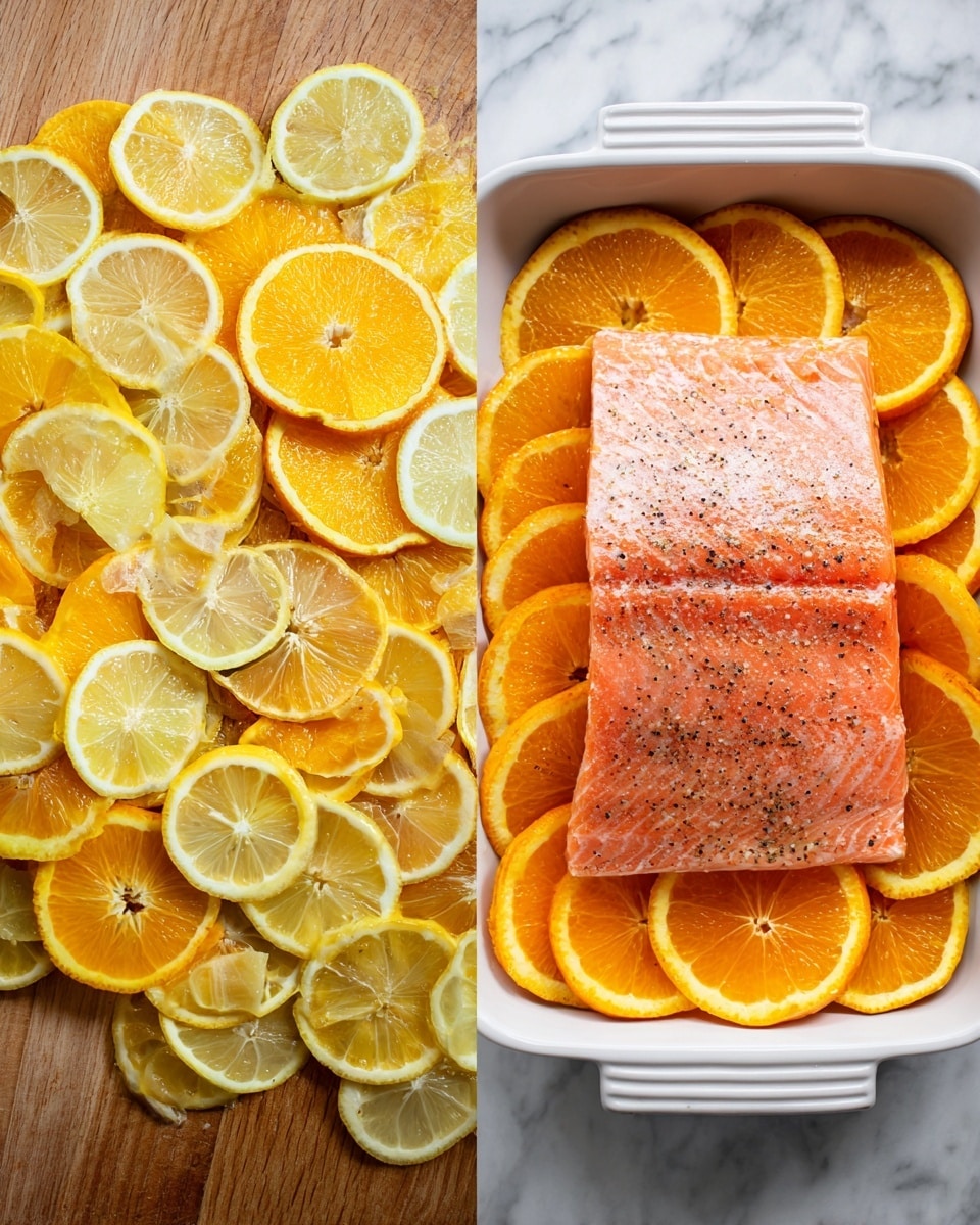 The image shows two parts: on the left, many thin, round slices of lemon and orange are spread over a wooden surface, with the yellow of lemon and bright orange colors mixed closely together. On the right, a white baking dish has a base layer of alternating slices of lemon and orange arranged flat in a single layer, creating a circle. On top of this fruit layer sits a thick, rectangular piece of raw salmon, lightly sprinkled with black pepper, showing a smooth texture with pink and orange hues. The background is a white marbled surface. Photo taken with an iphone --ar 4:5 --v 7