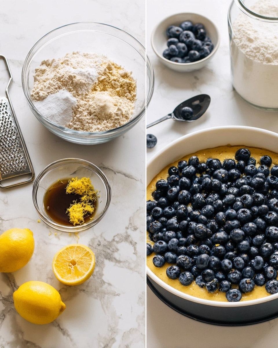 The image shows two parts; on the left side, there are two clear glass bowls on a white marbled surface. The top bowl has a mix of white flour, ground oats, and some white powder piled in three sections. The bottom bowl contains three raw eggs, yellow lemon zest, and a brown liquid. Next to the bowls are a metal grater, a whole lemon, and two lemon halves with juice squeezed out. On the right side, there is a round white baking pan filled with light yellow batter, topped with many fresh dark blue blueberries covering the surface evenly. In the background, there is a glass jar with white powder and another white dish holding a few blueberries and a small dark spoon. Photo taken with an iphone --ar 4:5 --v 7