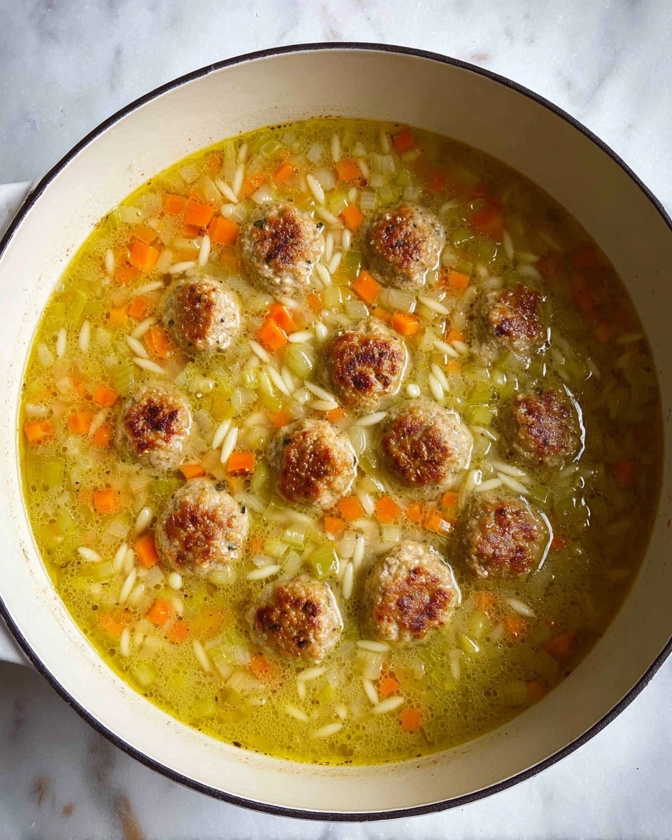 A large white pot filled with a clear yellow broth soup that contains small diced orange carrots and pale green celery mixed with tiny white pasta. Sitting on top of the soup are about 15 small, round, lightly browned meatballs grouped in the center. The broth has a slight oil sheen and looks hot, with visible textures of cooked vegetables and soft noodles beneath the meatballs. The scene is set on a white marbled texture surface. photo taken with an iphone --ar 4:5 --v 7