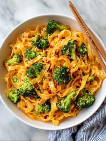 Crispy Broccoli Sweet and Spicy Sesame Tahini Noodles Recipe